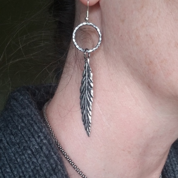 Handmade Metal Feather Earrings - Picture 2 of 4